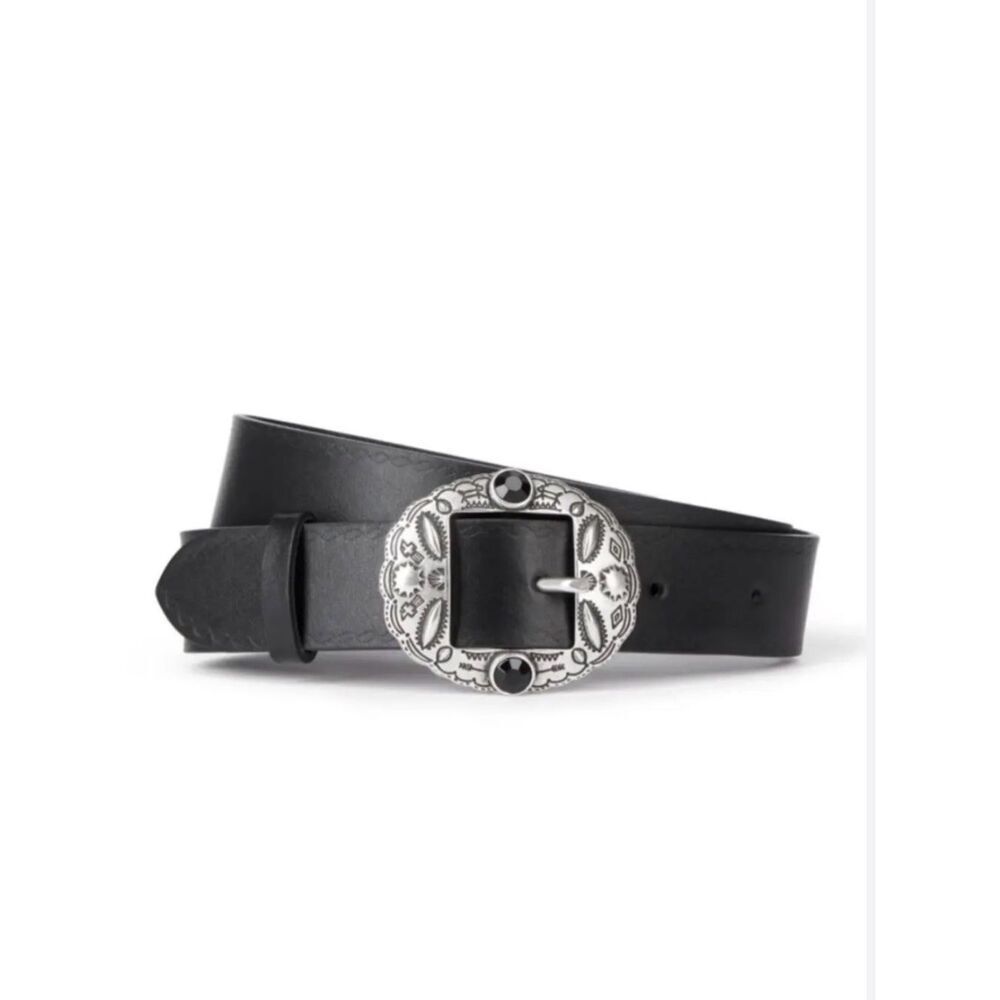 The Kooples Paris Onyx Black Western Leather Belt Silver Conch Buckle